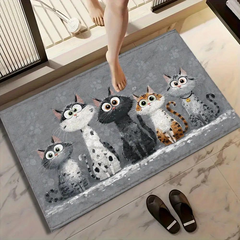 Cute Three Cat Non-Slip Floor Mat - Soft Bathroom Mat, Suitable for Bathroom, Kitchen, Foyer - Non-Slip Plastic Lining, Washable