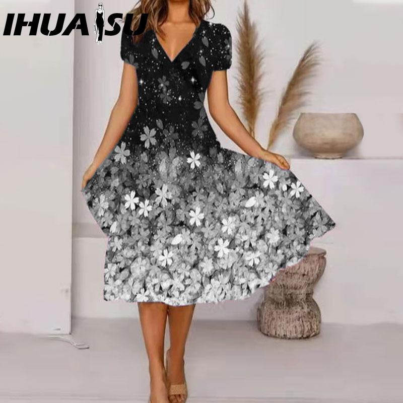 IHUASU Vestido midi de talla grande con escote en V, manga corta, dobladillo alto, informal, estampado floral colorido