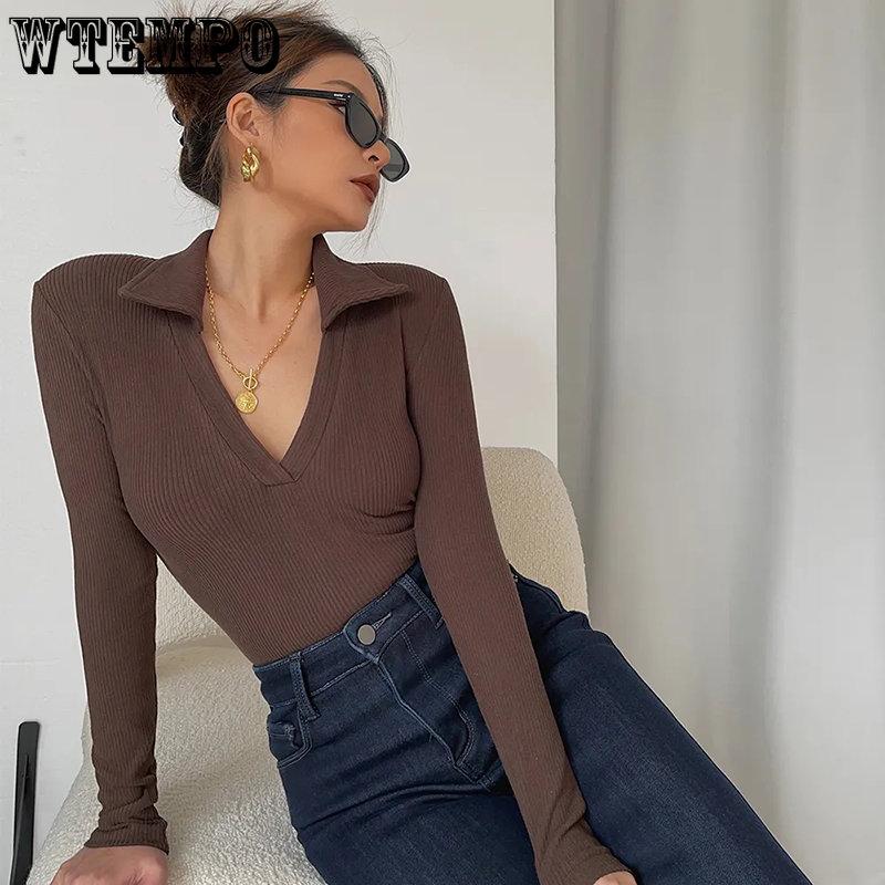 Damen V-Ausschnitt Langarm Skinny T-Shirts Damen Gestrickte Tops Herbst Winter Feste Beiläufige Dünne Damen Tees Streetwear