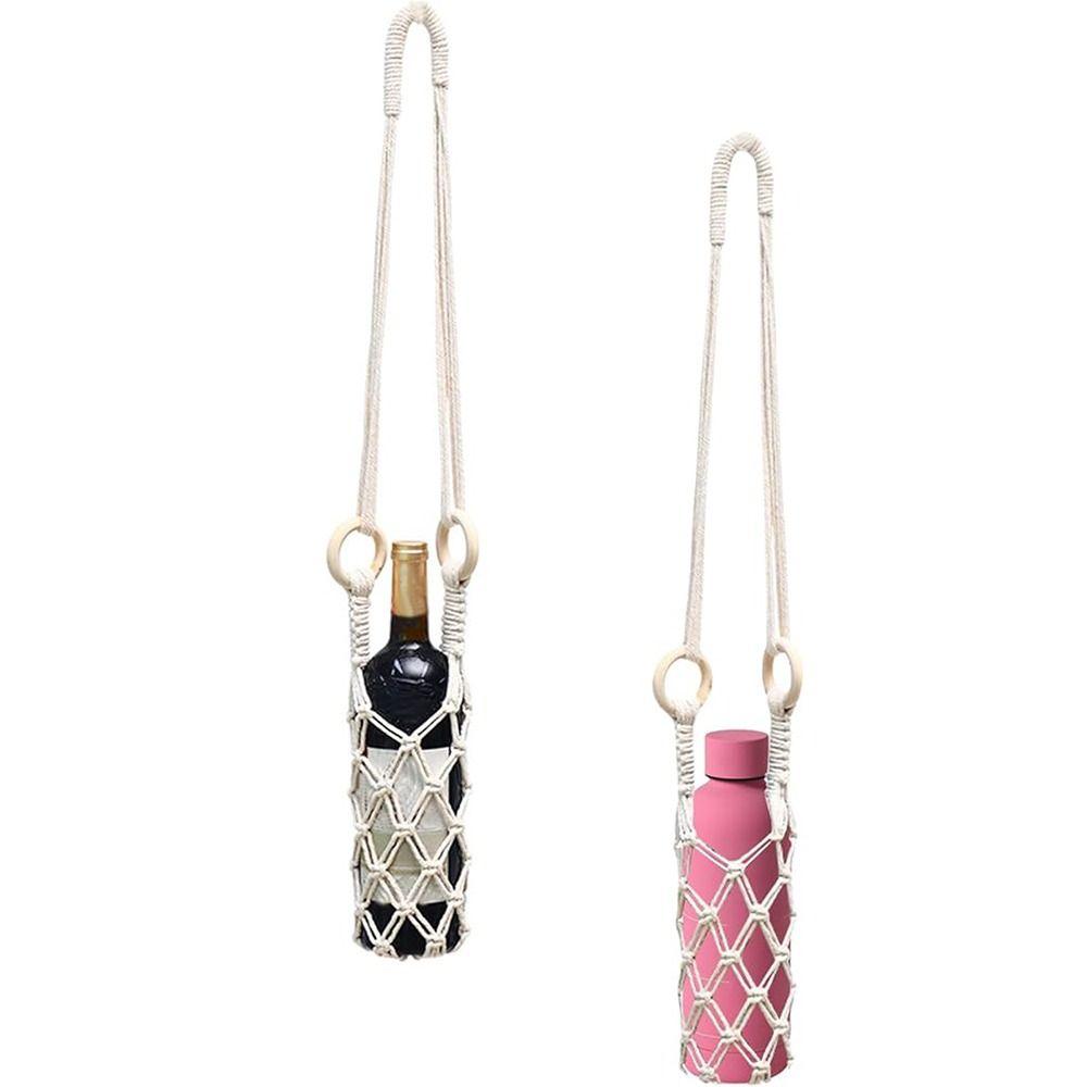 Bohemian Hanging Bottle Net Bag Hollow Out Decorative Coffee Cup Holder Hand-woven Cotton Rope Knitting Water Bottle Holder