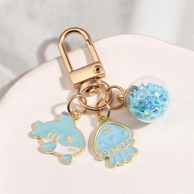 Cartoon Enamel Shark Jellyfish Mermaid Keychain Cat Glass Beads Ball Key Ring For School Bag Accessories Headphone Cover Gifts