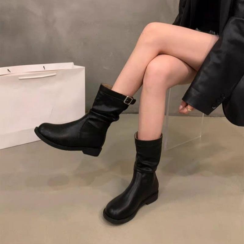 

Fall New Block Heel Single Boots Women s Fashion Round Toe Sleeve Metal Belt Buckle Soft Sole Non-slip Mid-leg Boots 40