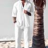 Summer Casual Cotton Linen Two Piece Men Set Fashion Loose V Neck Half Sleeve Tops and Trouser Suits Mens