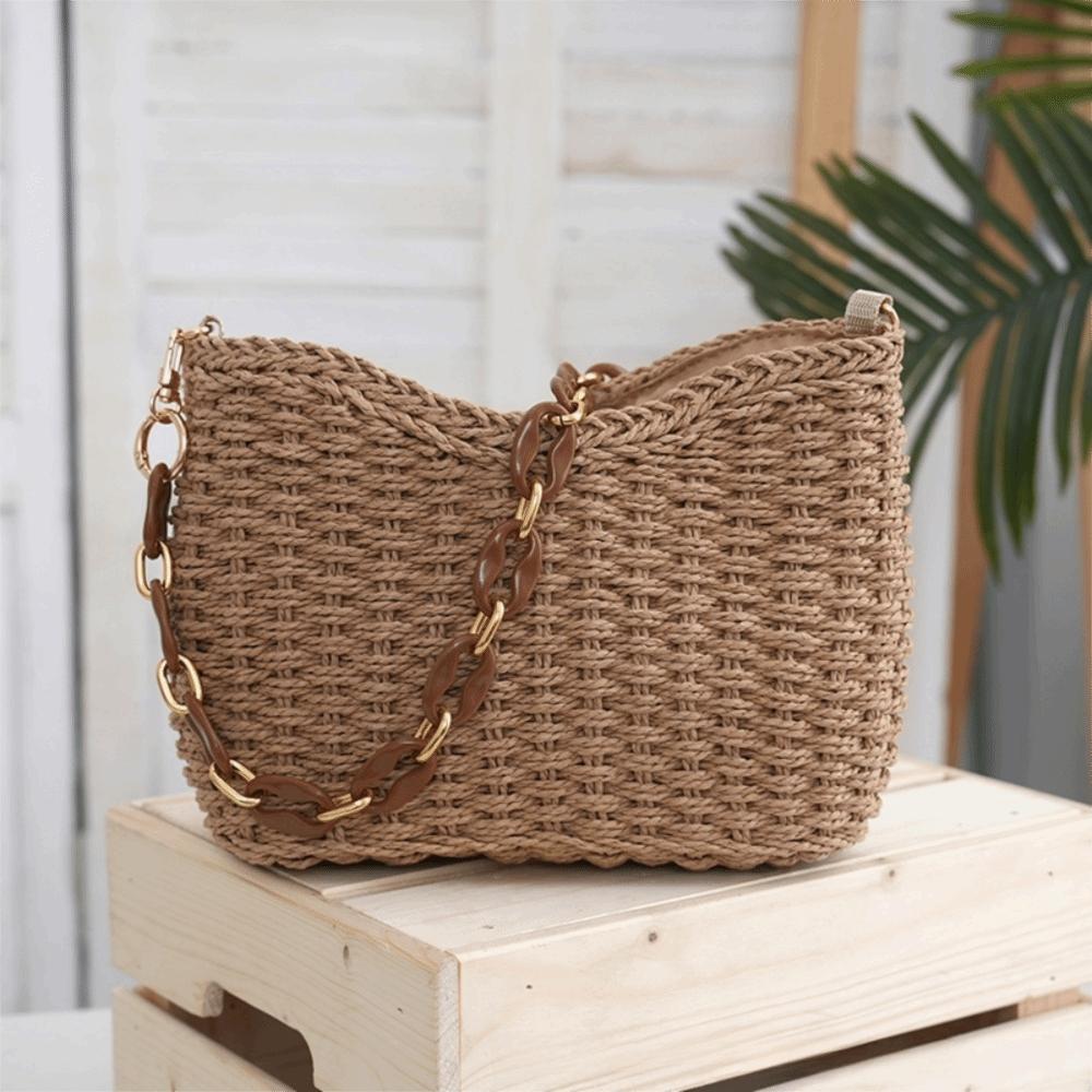 

Casual Straw Woven Bag Small with Zipper Resort Woven Beach Handbag Large Capacity Chain Shoulder Bag Summer верблюд