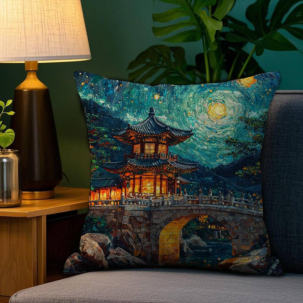 Korea Foguo Temple Pillow Case Plush Fabric Soft Double Sided Print Home Sofa High Quality Cushion Cover Throw