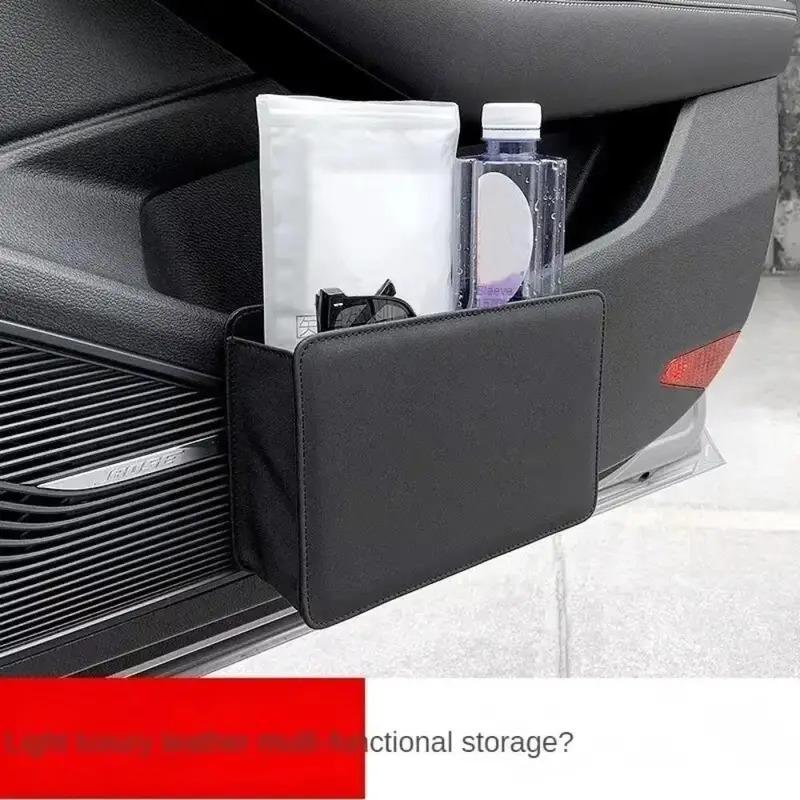 Multifunctional Car Trash Bin PU Leather Solid Color Seatback Hanging Storage Box Foldable Structure Car Door Storage Box
