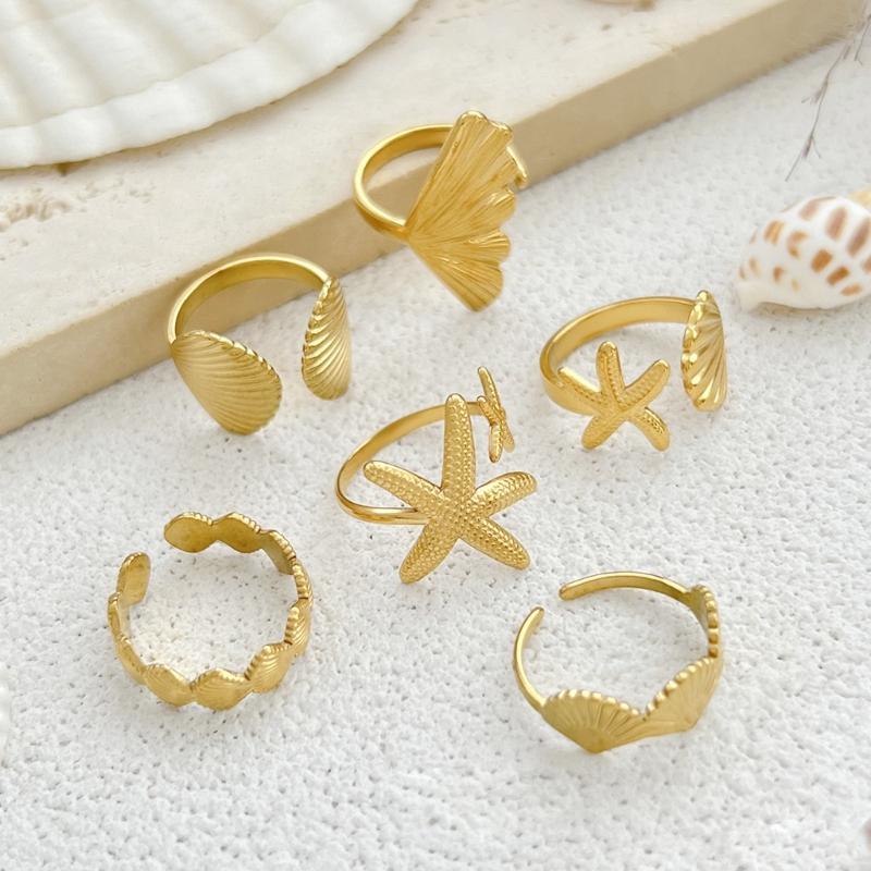 6 Piece Marine Summer Jewelry Adjustable Rings Set Starfish Shell Design Alloy Stackable Gift for Her Beach Holiday