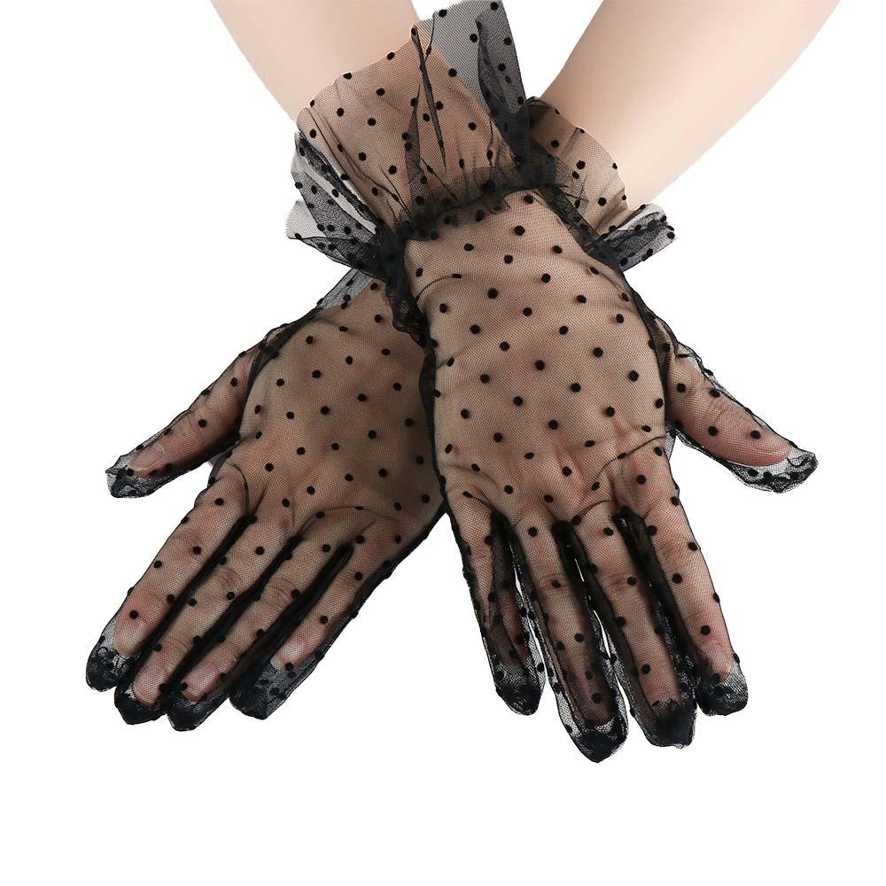 Stretchy Lotus Leaf Driving Full Finger Lace Gloves Polka Dot Gloves Women Lace Gloves Korean Style