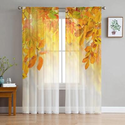 Autumn Maple Leaves Trees Artistic Texture Soft Tulle Window Panel Curtains Living Room Silk-like Fabric Transparent Light Voile Curtain Bedroom