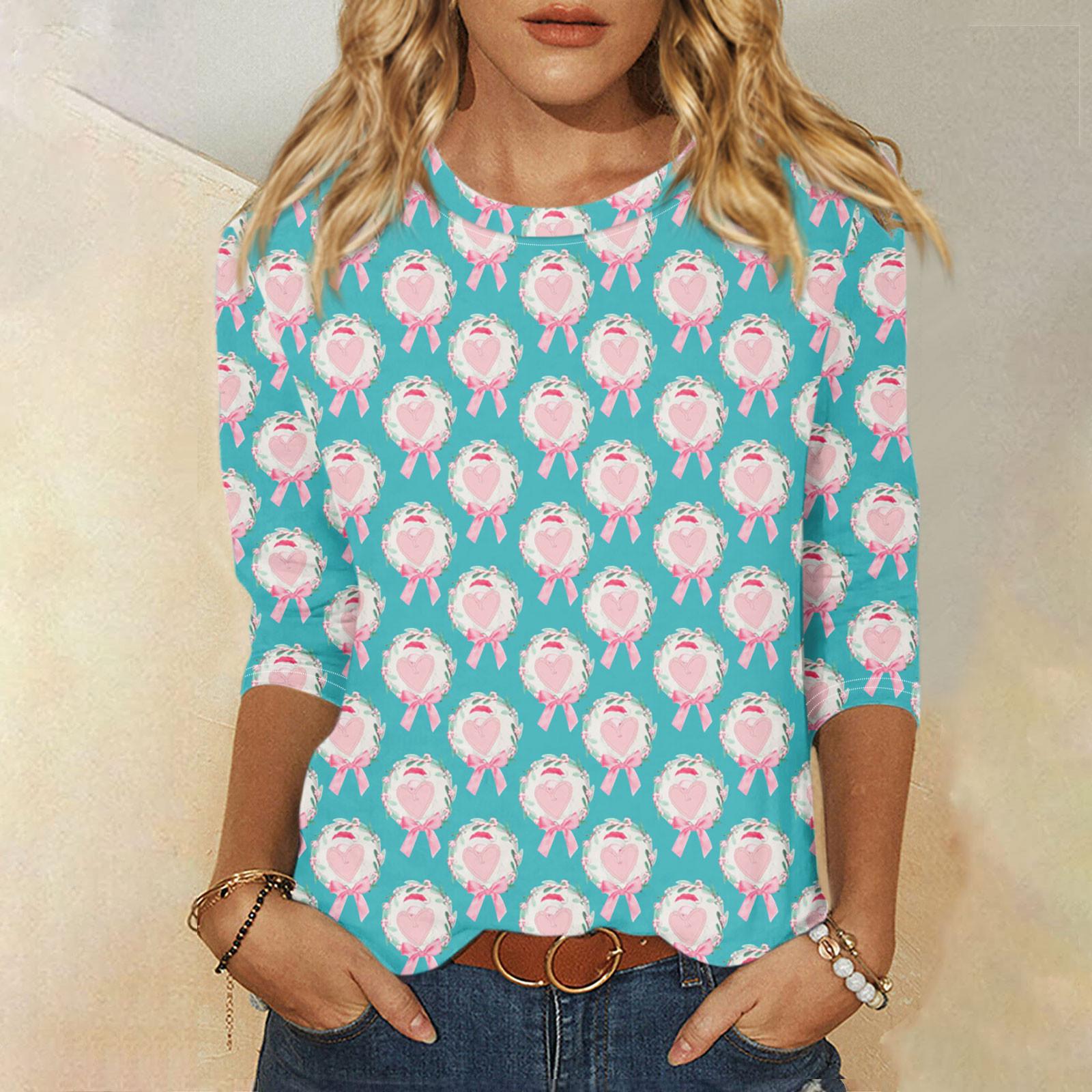 

Женская мода, повседневная свободная футболка с принтом на День святого Валентина и круглым вырезом, рукав 3/4, женский топ L