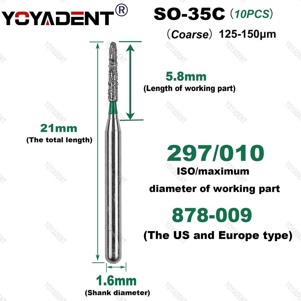 10Pcs/Pack Dental Diamond Burs SO Type Extra Coarse/Coarse/Standard Dentistry Drills For High Speed Handpiece Dia.1.6mm