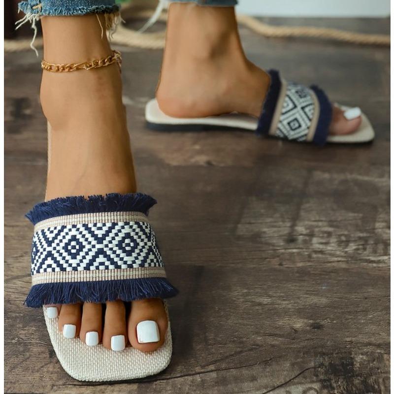 Fashion New Women Summer Straw Woven Casual Slippers Outdoor Espadrille Flip-flops Fashion Flat Ladies Sandals and Slippers Plus Size 43