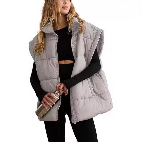 Solid Color Zipper Sleeveless Winter Warm Vest Jacket Womens Pocket New Stand Collar Temperament Vest Doudoune Sans Manche Femme