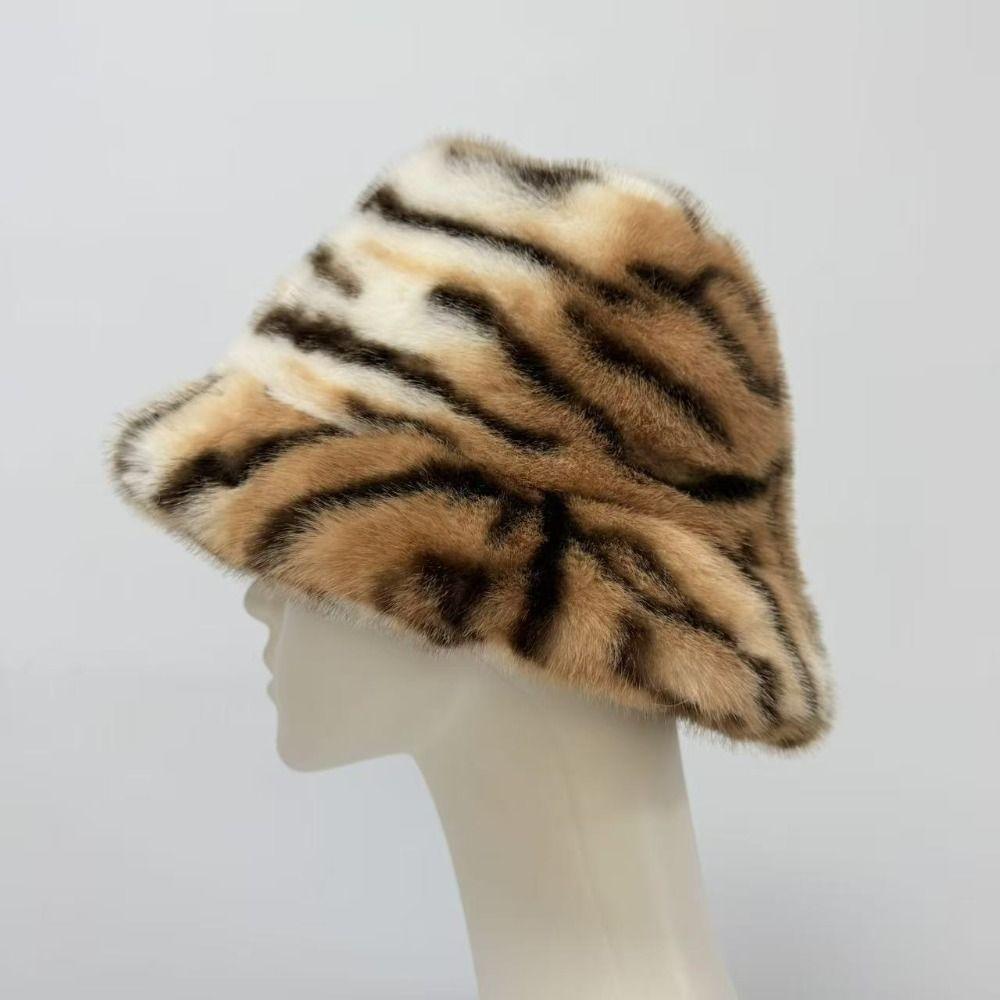 Faux Mink Fur Faux Fur Hat Thick Warm Mink Fur Bucket Cap Leopard Print Scarf  Women Ladies