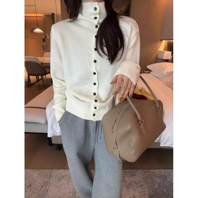 Women's High-Neck Wool Cardigan - Korean Style Single-Breasted Knit for Autumn/Winter