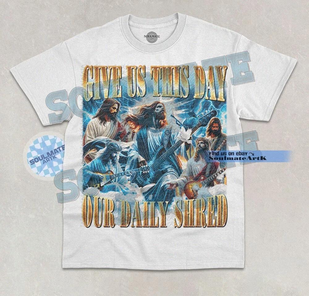 Дай нам сегодня наш ежедневный shred Футболка Смешная Тренажерный зал Иисус Гитара Графическая футболка 2XL