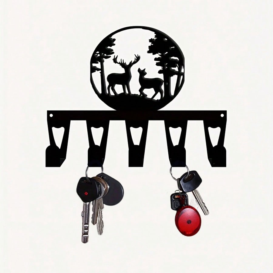 Deer Shaped Key Holder Metal Wall Art 5 Hooks Handmade Rustic Decor Gift
