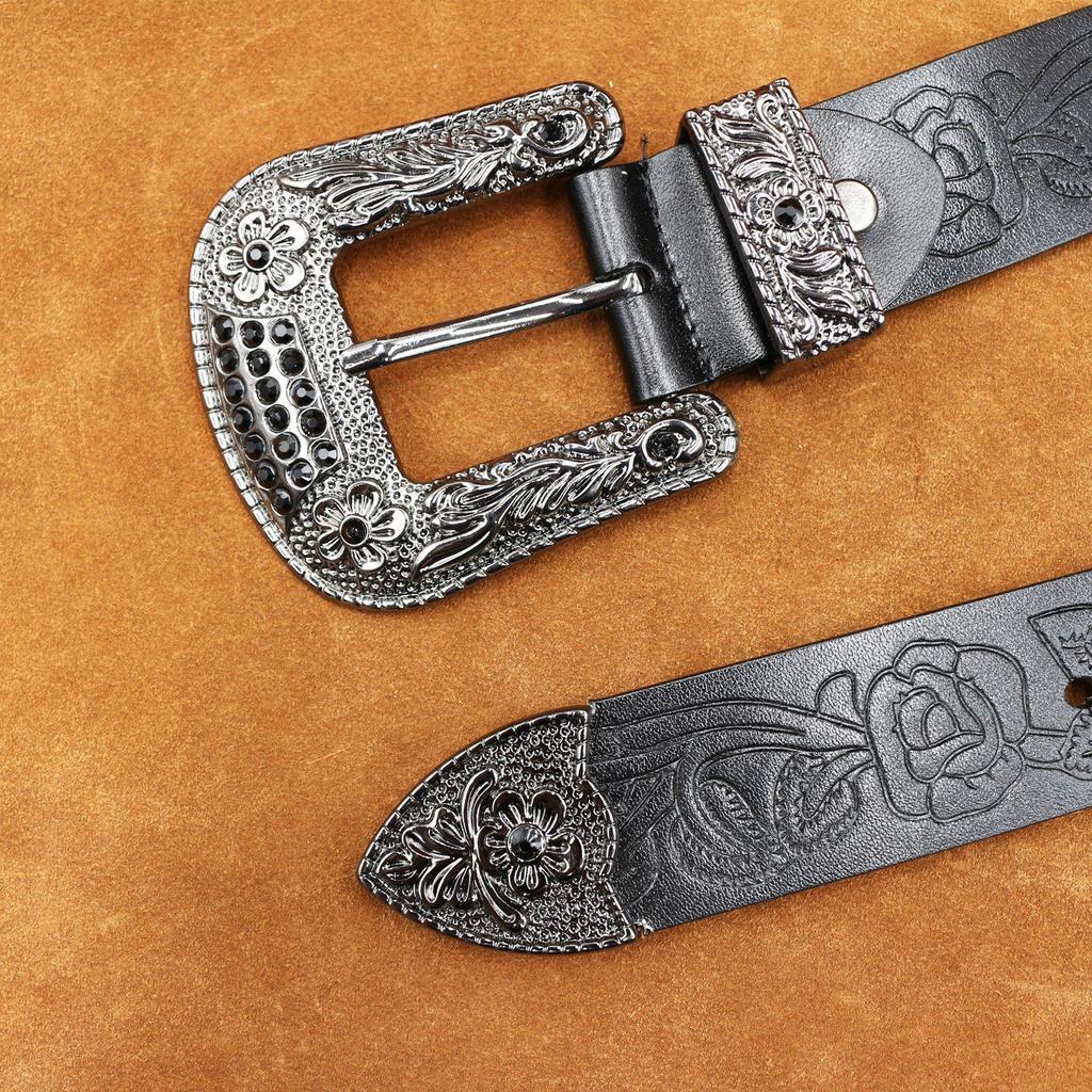 Men's Retro Genuine Leather Embossed Belt with Copper Pin Buckle for Business Casual or Jeans