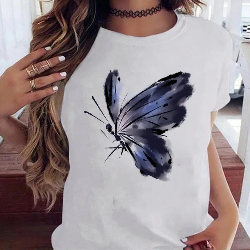 Woman Butterfly Tree Print Harajuku Summer Tshirts Casual Round Neck Short Slee Top Tee Shirt Women Black T-shirt Drop Ship