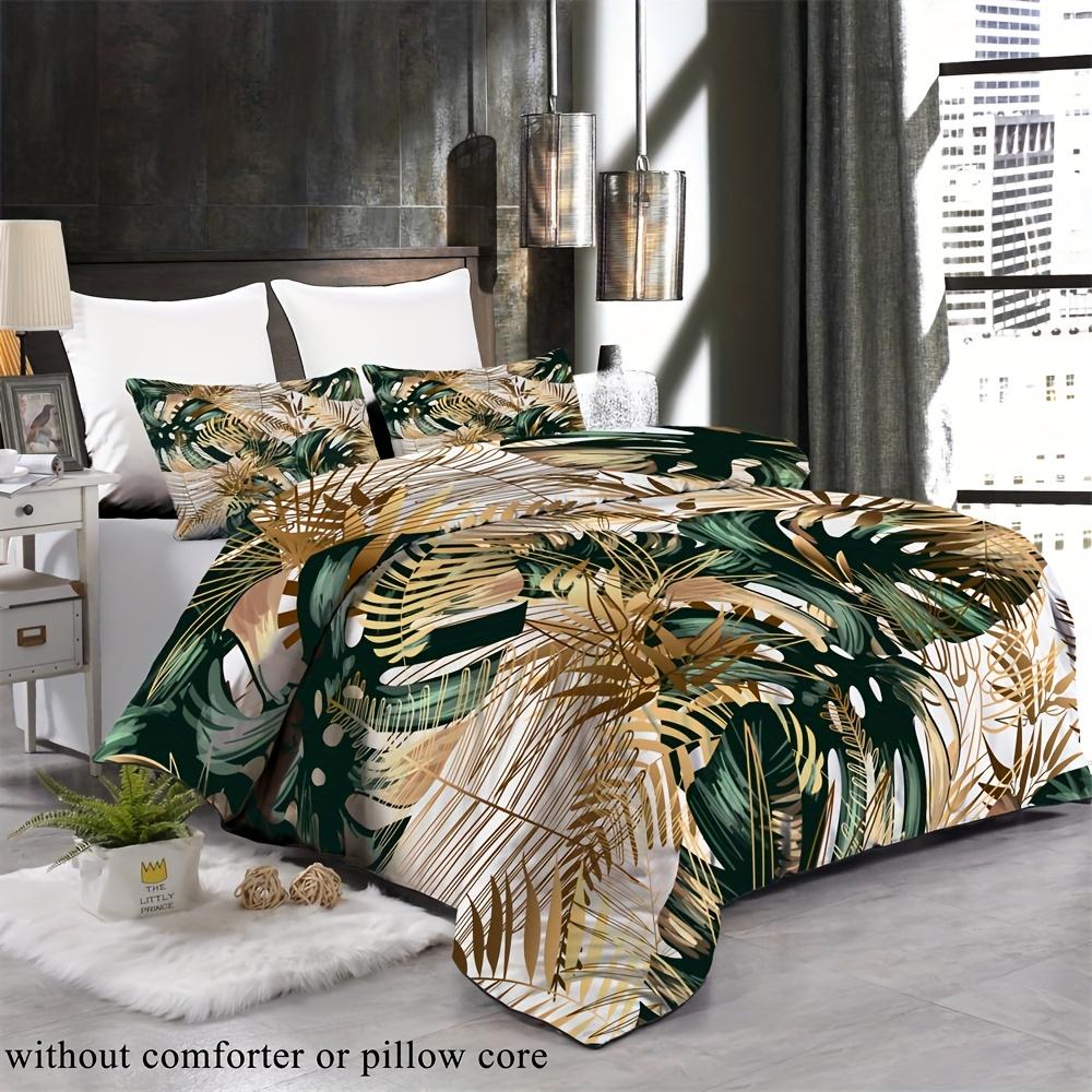 Golden Green Palm Leaf Print 2/3pcs Duvet Cover Set - 100% Polyester, Machine Washable, All-Season Comfort and Soft Bedding Set