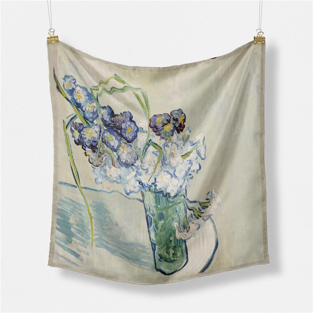 

Twill Silk Scarf Woman Oil Painting Square Scarves Wraps Bandana Small Hijab Silk Foulards Tie Headband Neckerchief 53CM (As shown-7671)-53CM x 53CM