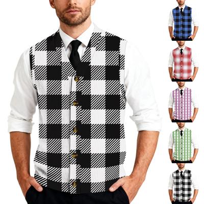 Men's Striped Plaid Print Tank Top Knitted Button,Down Shirt | Sleeveless Casual Button,Up Vest With Collar For Daily & Layering