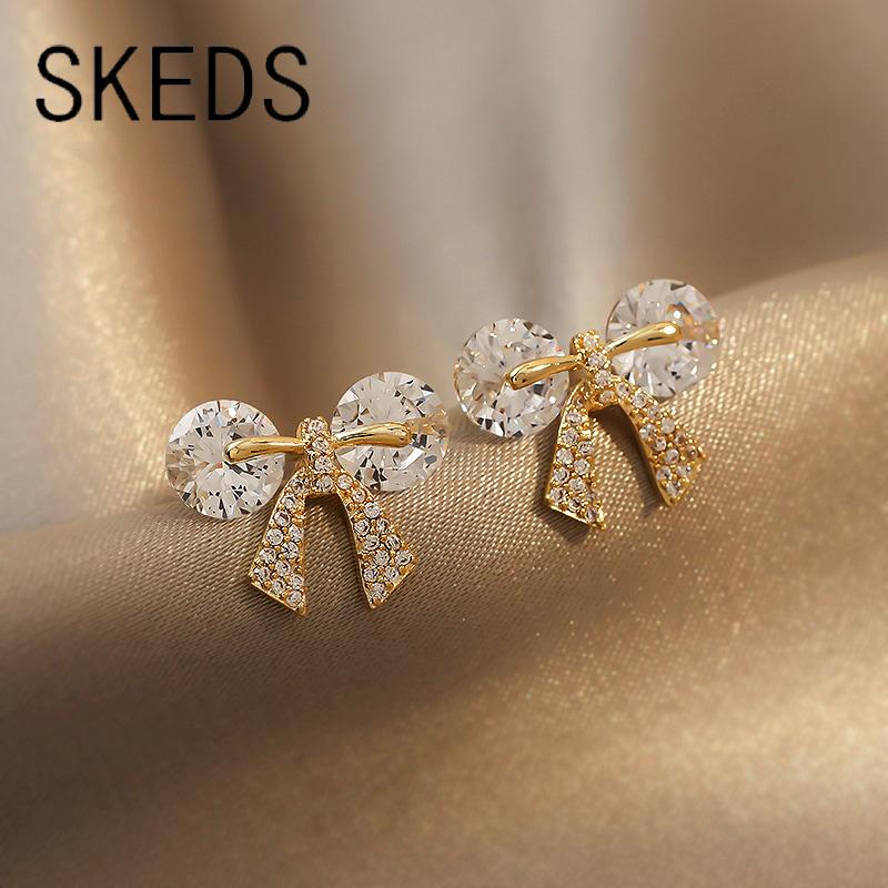 SKEDS Korean Style Exquisite Bow Cross Crystal Earrings Jewelry For Women Girls Elegant Shining Boutique Decoration Ear Rings