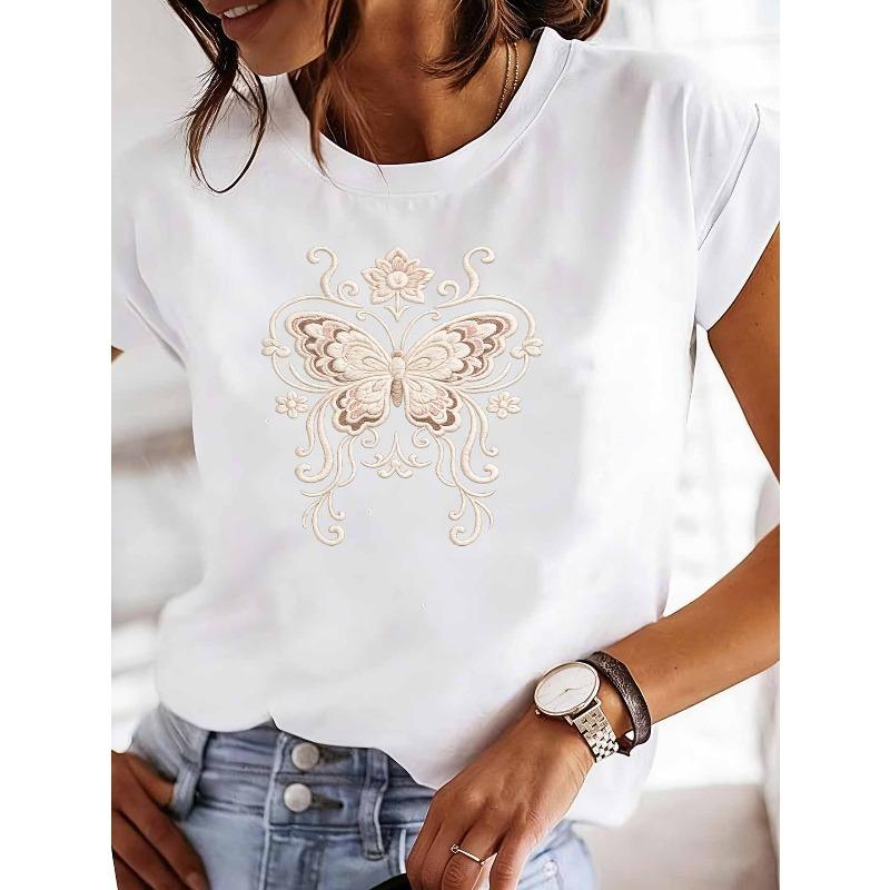 

Embroidered Butterfly and Floral Women s ShortSleeved Summer TShirt, Suitable for Daily Outdoor, Streetwear, and Casual Fashion. S белый