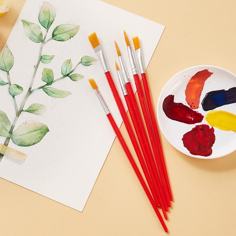Set of 6 Mixed Head Paintbrushes: Watercolor, Gouache, Nylon Bristle, Round and Liner Brushes for Kids.