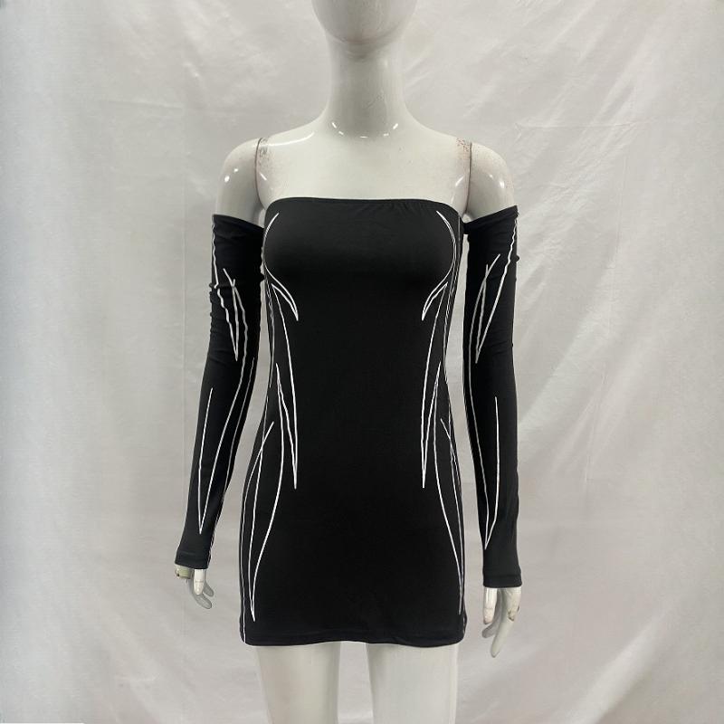 European and American women s striped printed sexy tight and fashionable one shoulder strapless dress S чёрный