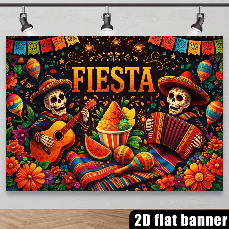 2D Cinco de Mayo Fiesta Backdrop, Colorful Skeleton & Maracas Photography Background