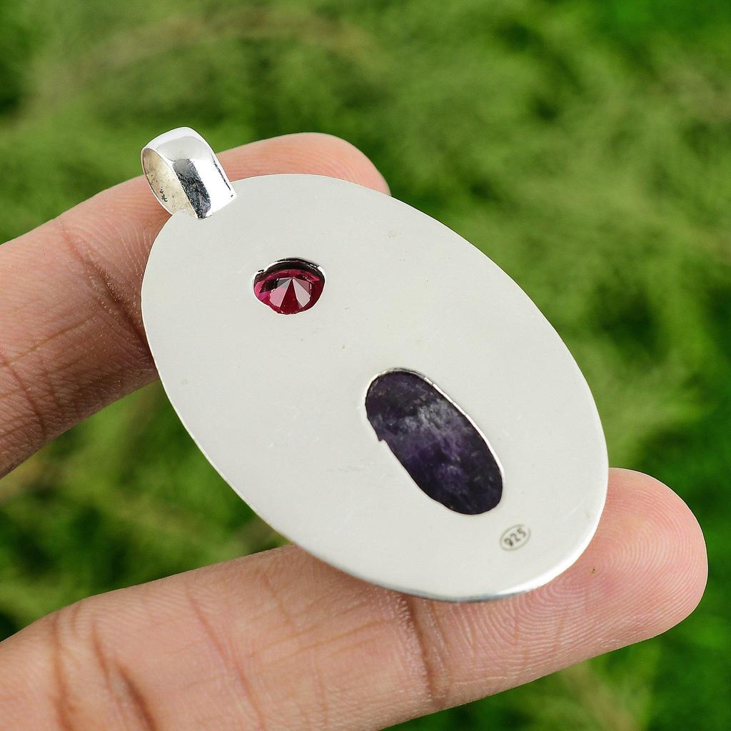 Sterling Silver Oval Chevron Amethyst Stone Mozambique Garnet Pendant Jewelry
