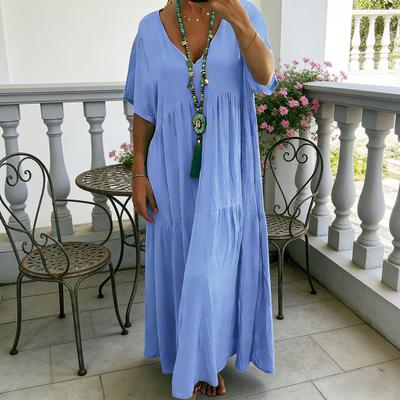 Sommer Baumwoll-Leinen-Kleid für Damen Übergroß Locker Strandsonnenkleid Kurzarm V-Ausschnitt Lässig Fließend Langes Kleid