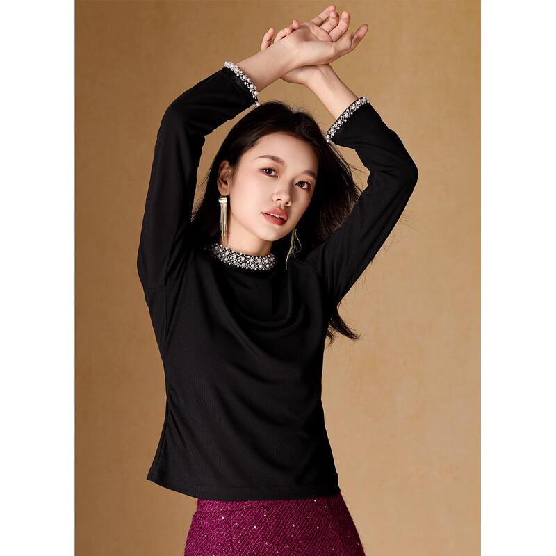 Women's Beaded Mid-High Neck Long Sleeve Top