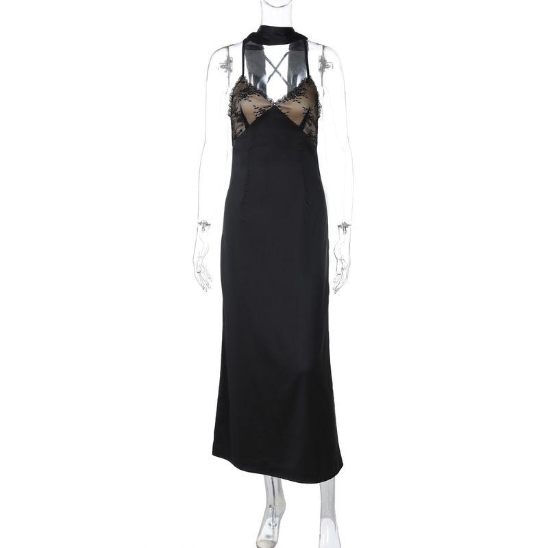 

Fashion Style Sexy Backless Lace V-neck Strap Dress Zipper High Waist Slim Fit Slit Long Dress Halterneck Ribbon Black S