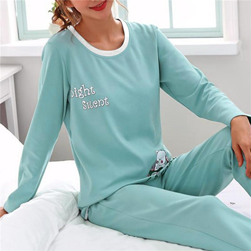 Herbst Dünne 2 stück Pyjamas Set Frauen Baumwolle Rundhals Mädchen Bär Pyjamas Sets Teetasse Katze Volle Nachtwäsche Tops Pyjama