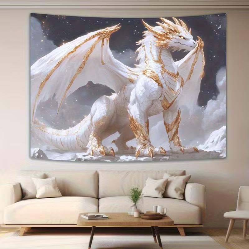 2D Sternenhimmel Weißer Drache Wandteppich Moderne Fantasy Wohnraum Hintergrundtuch