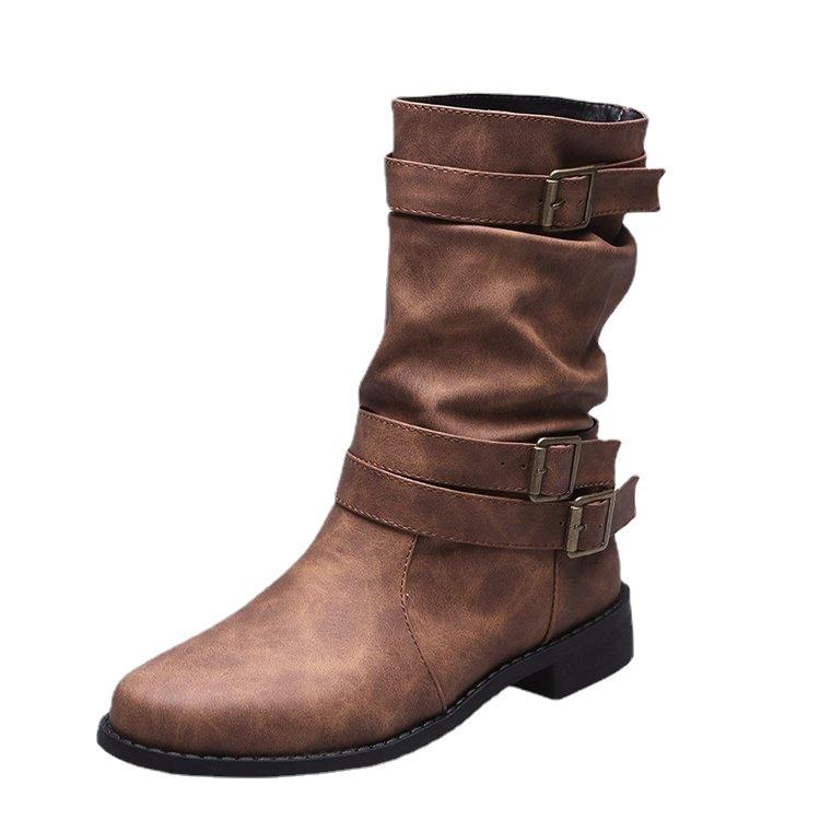 Autumn and winter mid-tube boots women's new fashion round head sleeve thick heel large size women's boots