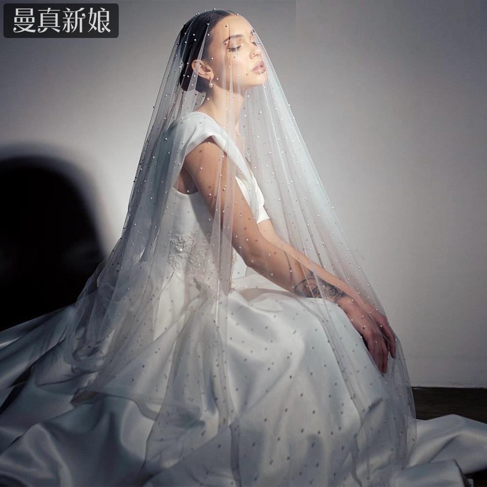 All Over Scattered Pearl Sheer Tulle Bridal Veil, Single Layer Plain Ivory Wedding Veil For Lace Satin Gown Pre-Wedding Elopement Portrait Shoot