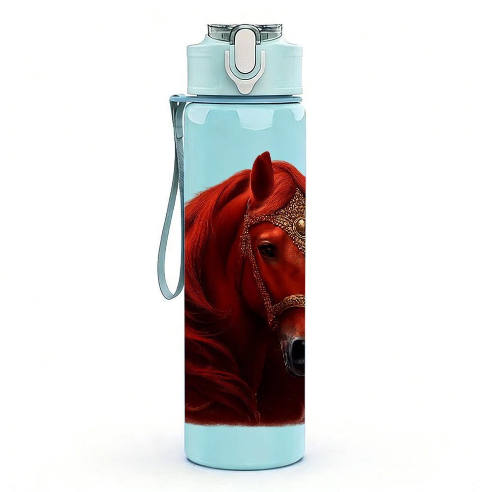 1PC Red Horse Head Portrait Print 750ml Color Plastic Sports Water Bottle Leakproof Flip Straw Lid Suitable for Sports Office Home Use