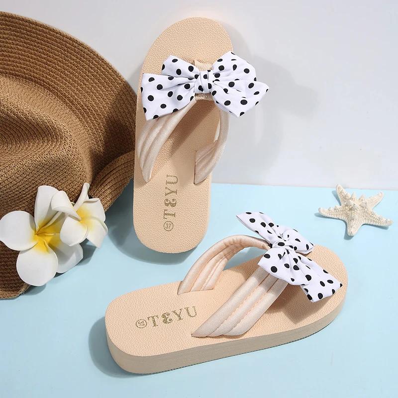 Fashion Polka Dot Bowknot Decor Flip Flops for Women 2025 Summer Lightweight Beach Slippers Woman Fashion Clip Toe Flat Slides Sandals