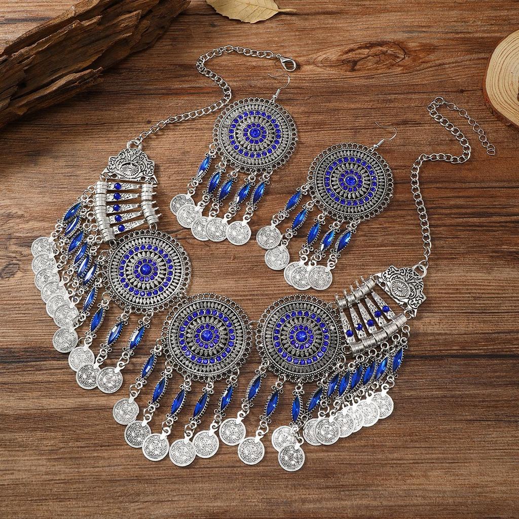 Gypsy Bohemia Chic Vintage Metal Coin Crystal Tassel Jewelry Sets Women Hippie Turkish Ethnic Tribal Necklace Earring Set
