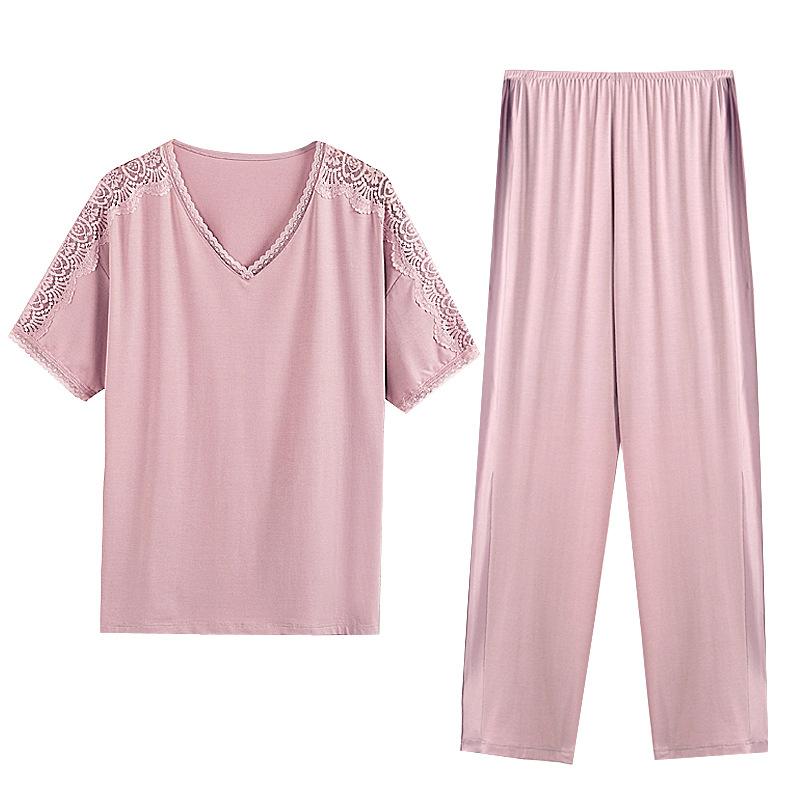 Pajamas Ladies Summer Modal Short Sleeves Long Pants Middle-aged Mom Loungewear Summer Thin Loose Large Size Suit