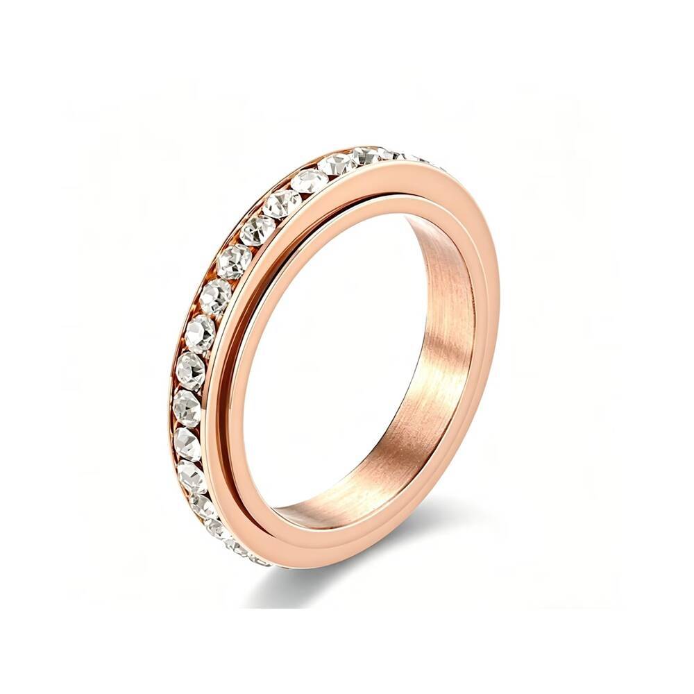 Light luxury temperament rotatable single row full diamond titanium steel ring women's 18k non-fading zircon gypsy couple ring