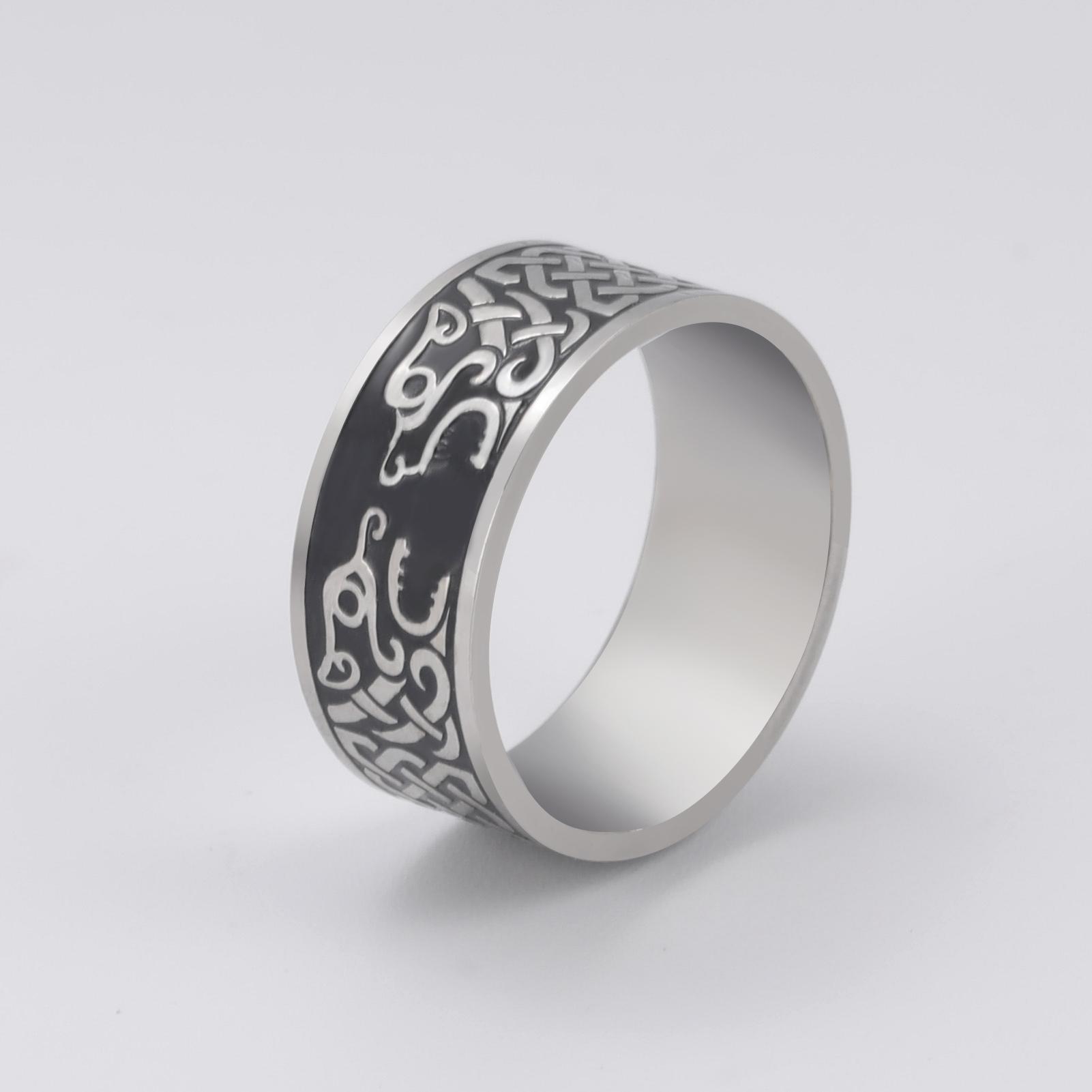 LIKGREAT Wikinger Nordische Mythologie Riesenwolf Ring für Männer Edelstahl Keltischer Knoten Fingerring Hip Hop Rock Punk Schmuck Geschenk 11 gray