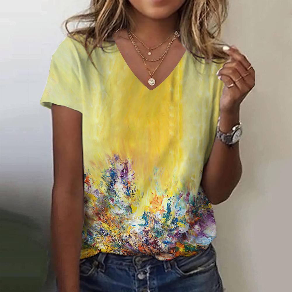 Floral Flower 3D Print T-Shirts Women's Summer V-Neck Short Sleeve T Shirt Street Y2K Casual Tees Harajuku Tops Female Clothing