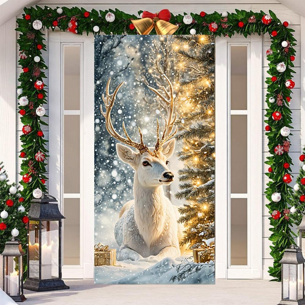 White Elk Linings For Christmas Doors Winter Snowy Scene Door Cover 2024 Xmas Outdoor Decoration Front Door 2025 New Year Decors