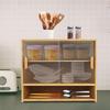 Freestanding Countertop Storage Cabinet, Small Bamboo Kitchen Pantry Sideboard with 2 Sliding Striped Glass Doors for Dish, Bowl