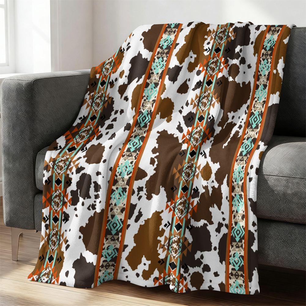 Soft Flannel Blanket Southwestern Tribal Cowhide Print Throw Rug Rustic Geometric Pattern Bed Couch Decorative Gift Blanket 75X95CM