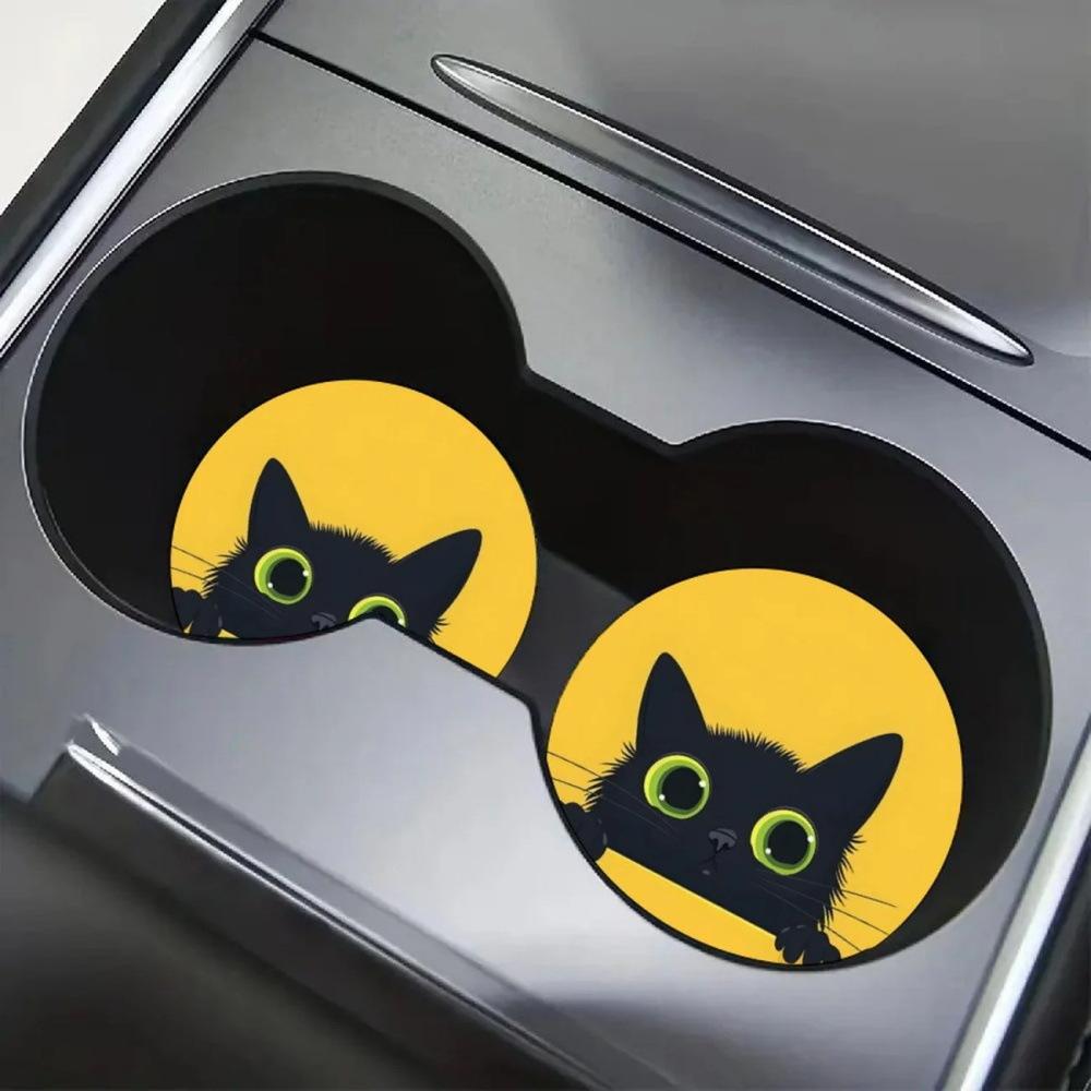2PCS Yellow Black Cat Pattern Car Personalized Cup Holder Anti Slip Bottle Holder Cup Holder Car Interior Anti Slip Cup Holder